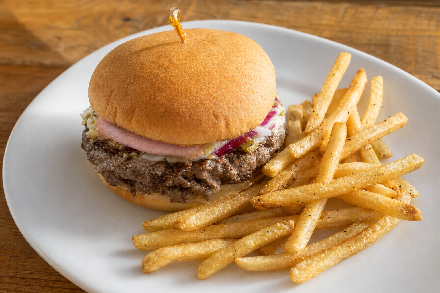High-resolution H&H Lakeview style hamburger and fries